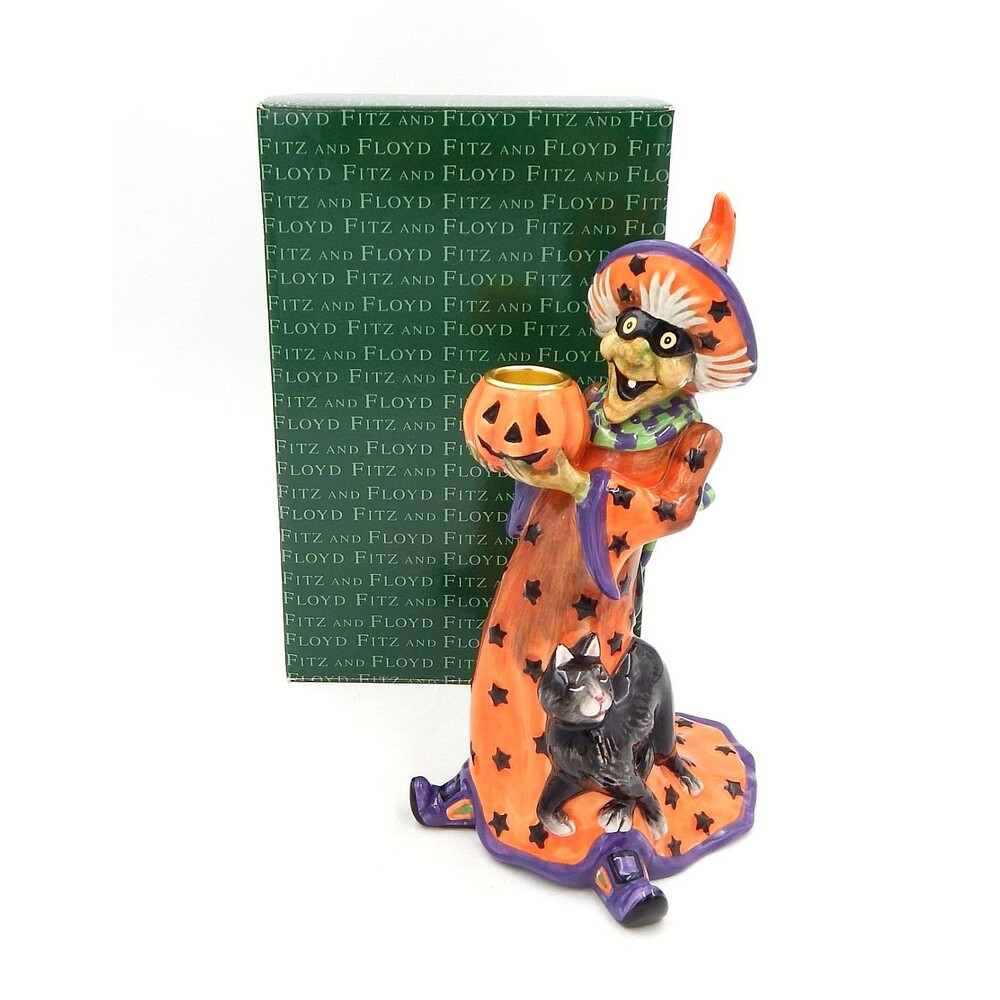 Fitz & Floyd Witch Hazel Halloween Cat & Pumpkin Candlestick Holder Figurine